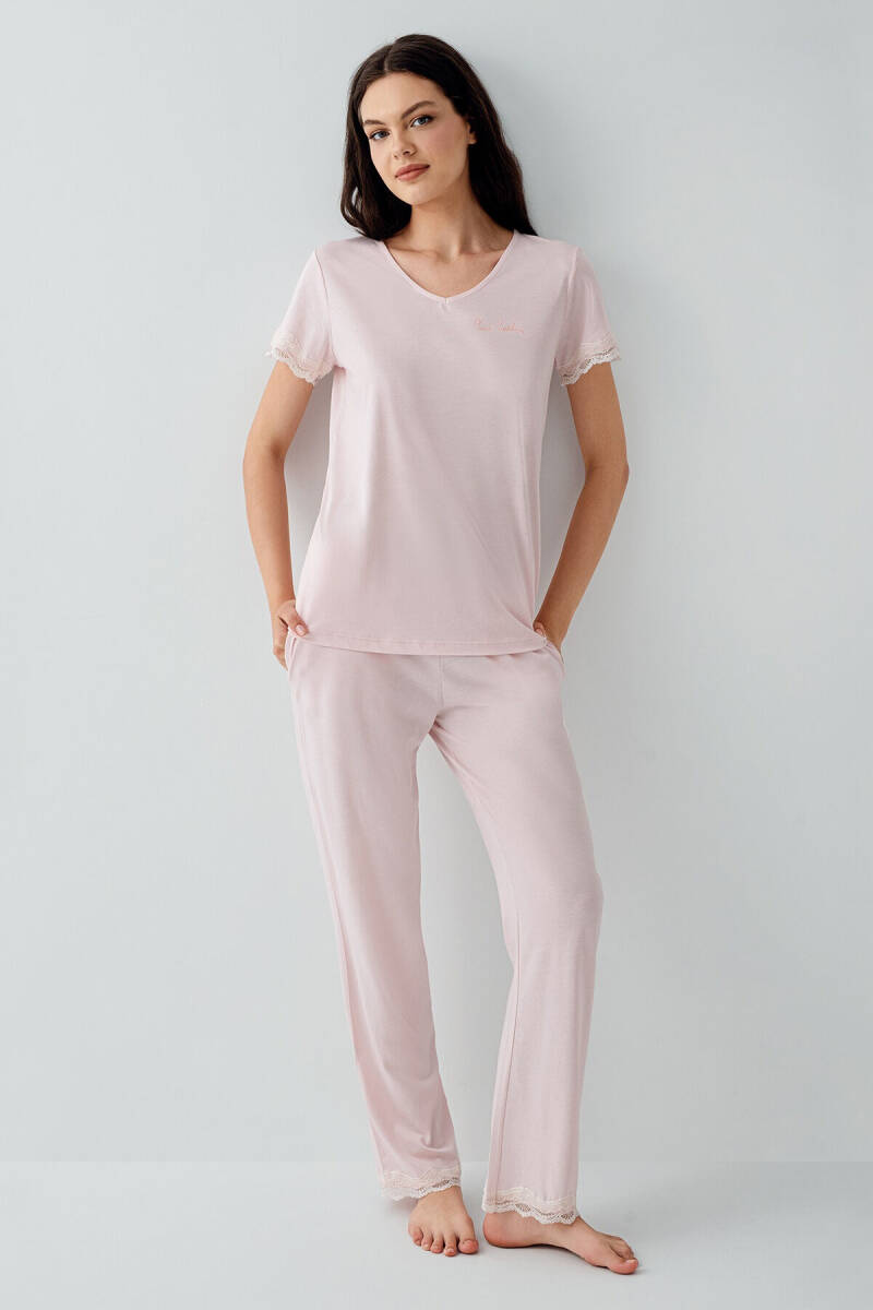 Pierre Cardin Kadın Pamuklu V Yaka Nakışlı Yazlık Regular Fit Pembe Pijama Takımı PC9217-S-V1 - 2
