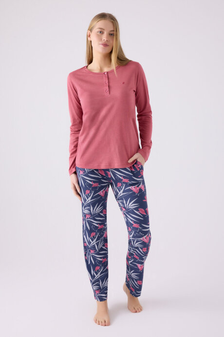 Pierre Cardin Kadın Pamuklu Hakim Yaka Pigment Baskılı Kışlık Regular Fit Pembe Pijama Takımı PC8903-S-V1