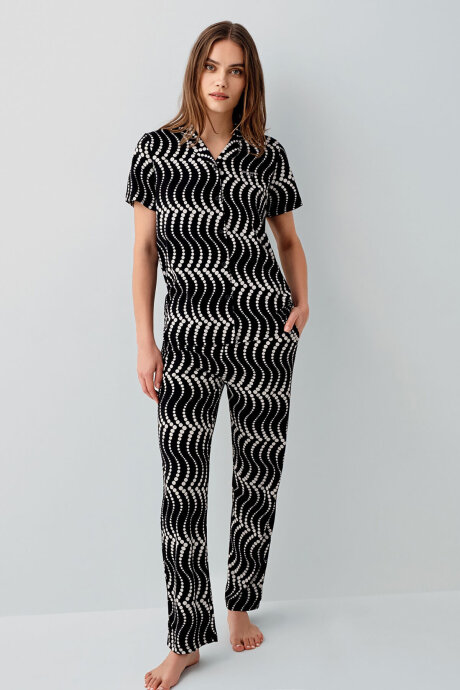 Pierre Cardin Kadın Pamuklu Gömlek Yaka Nakışlı Yazlık Regular Fit Siyah Pijama Takımı PC9168-S-V1 - 2