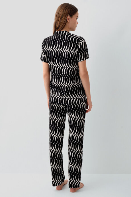 Pierre Cardin Kadın Pamuklu Gömlek Yaka Nakışlı Yazlık Regular Fit Siyah Pijama Takımı PC9168-S-V1 - 4