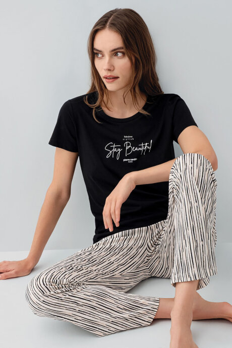 Pierre Cardin Kadın Bisiklet Yaka Nakışlı Yazlık Regular Fit Siyah Pijama Takımı PC9188-S-V1