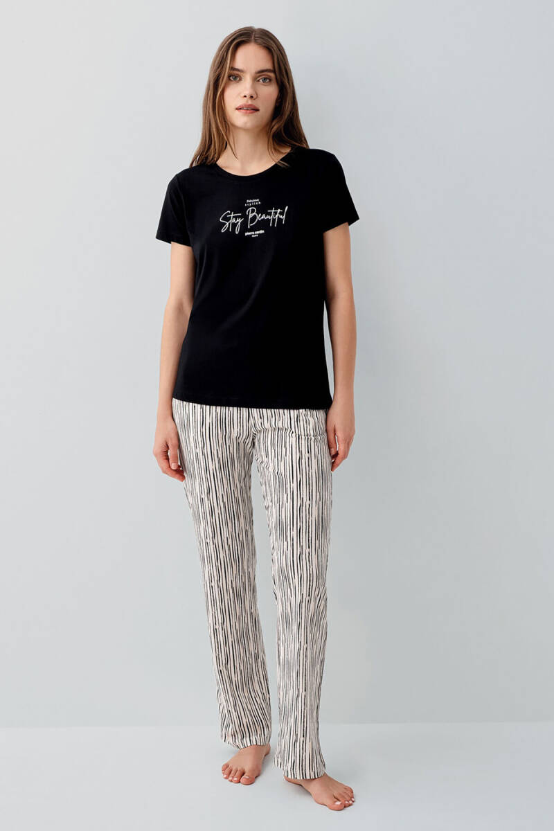 Pierre Cardin Kadın Pamuklu Bisiklet Yaka Nakışlı Yazlık Regular Fit Siyah Pijama Takımı PC9188-S-V1 - 2