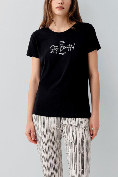 Pierre Cardin Kadın Pamuklu Bisiklet Yaka Nakışlı Yazlık Regular Fit Siyah Pijama Takımı PC9188-S-V1 - 3