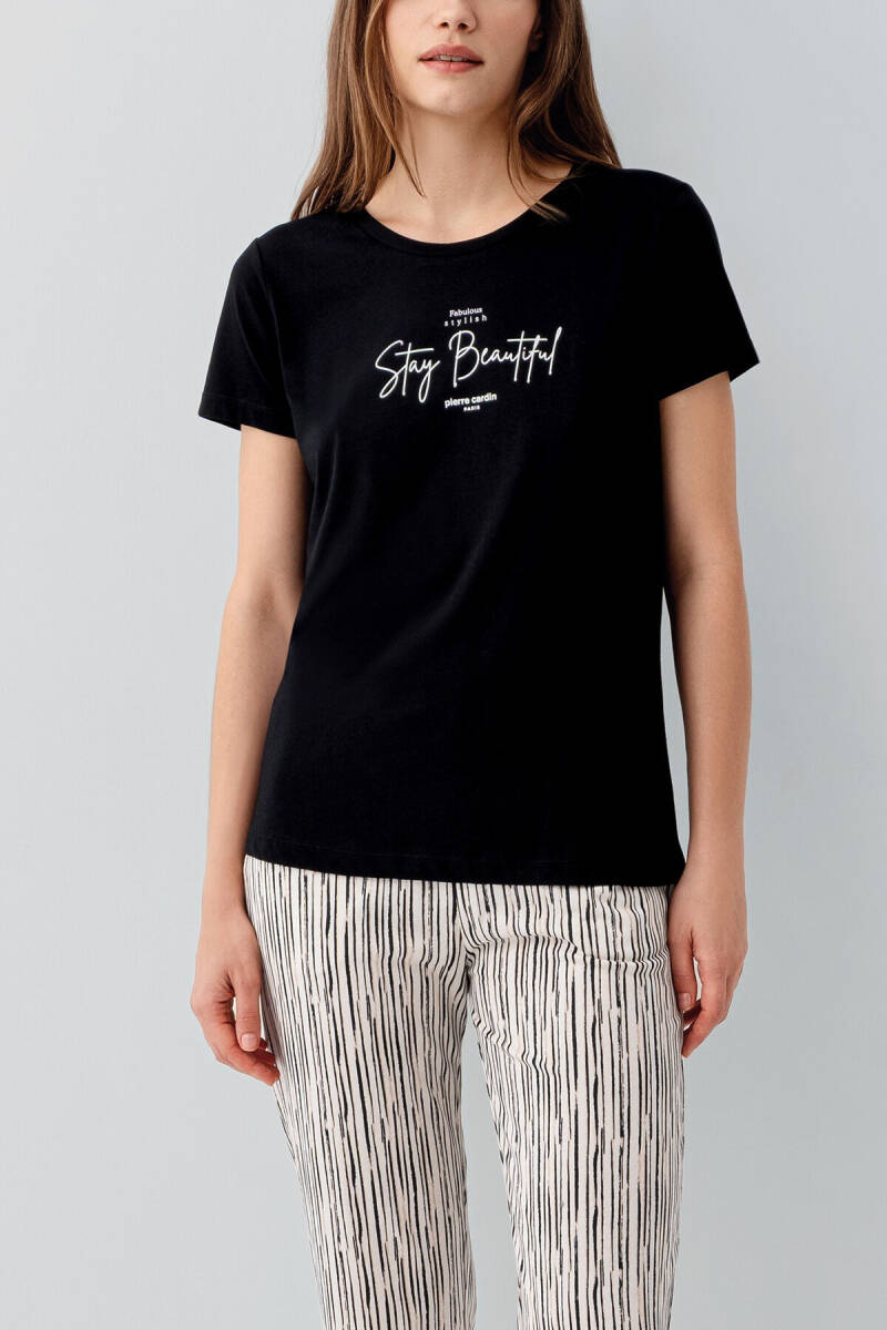 Pierre Cardin Kadın Pamuklu Bisiklet Yaka Nakışlı Yazlık Regular Fit Siyah Pijama Takımı PC9188-S-V1 - 3