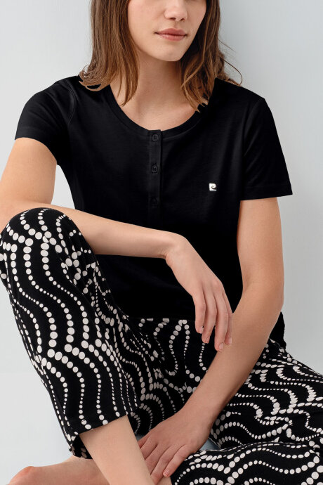 Pierre Cardin Kadın Pamuklu Hakim Yaka Nakışlı Yazlık Regular Fit Siyah Pijama Takımı PC9165-S-V1 - 3