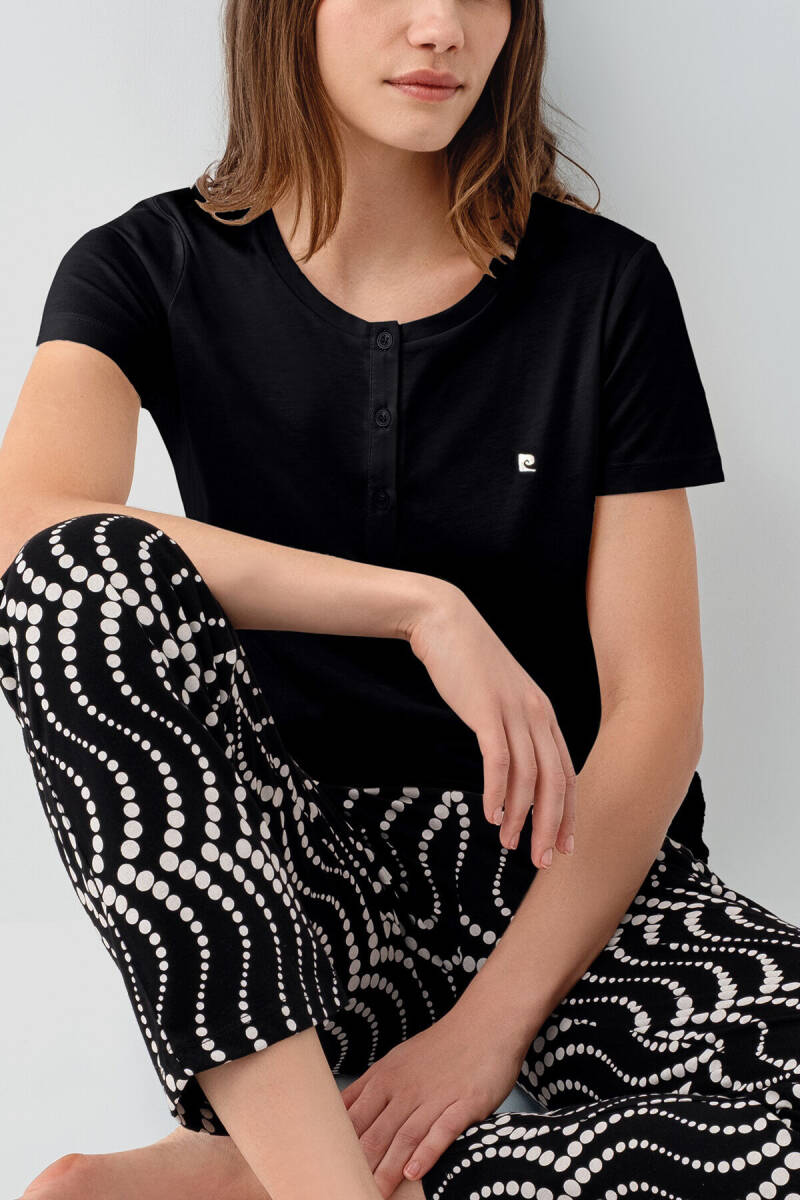 Pierre Cardin Kadın Pamuklu Hakim Yaka Nakışlı Yazlık Regular Fit Siyah Pijama Takımı PC9165-S-V1 - 3
