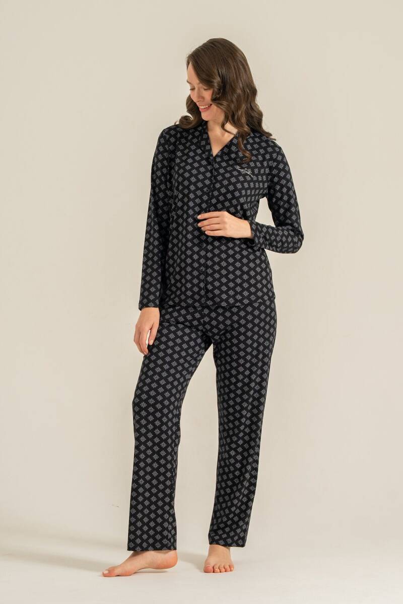 Pierre Cardin Kadın Pamuklu Siyah Nakışlı Gömlek Pijama Takımı PC9290-S-V1 - 7