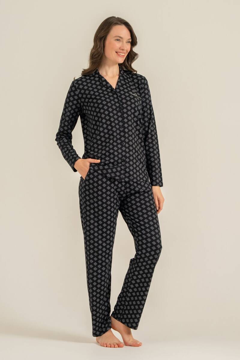 Pierre Cardin Kadın Pamuklu Siyah Nakışlı Gömlek Pijama Takımı PC9290-S-V1 - 3
