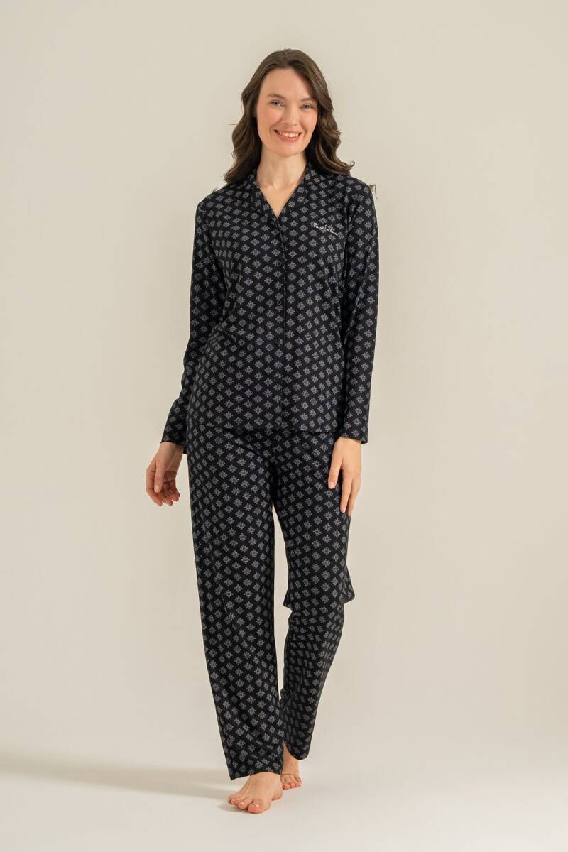 Pierre Cardin Kadın Pamuklu Siyah Nakışlı Gömlek Pijama Takımı PC9290-S-V1 - 1