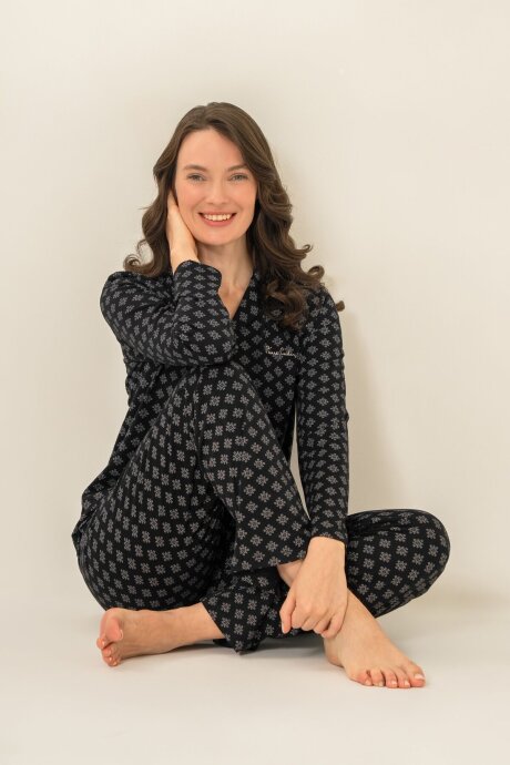 Pierre Cardin Kadın Pamuklu Siyah Nakışlı Gömlek Pijama Takımı PC9290-S-V1 (1)