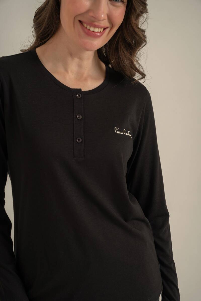 Pierre Cardin Kadın Pamuklu Siyah Nakışlı Uzun Kol Pijama Takım PC9300-S-V1 - 3