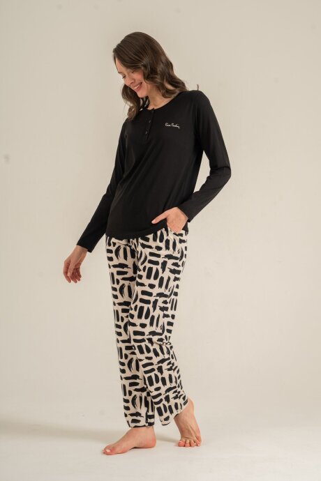 Pierre Cardin Kadın Pamuklu Siyah Nakışlı Uzun Kol Pijama Takım PC9300-S-V1 - 6