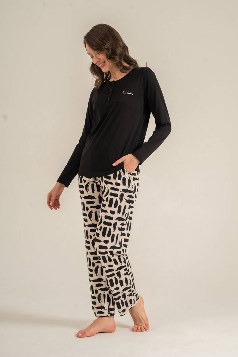 Pierre Cardin Kadın Pamuklu Siyah Nakışlı Uzun Kol Pijama Takım PC9300-S-V1 - 6