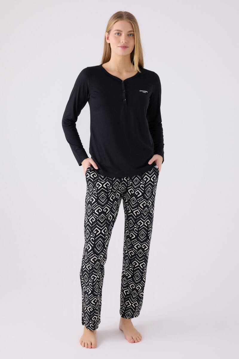 Pierre Cardin Kadın Hakim Yaka Pigment Baskılı Kışlık Regular Fit Siyah Pijama Takımı PC8871-S-V1 - 1