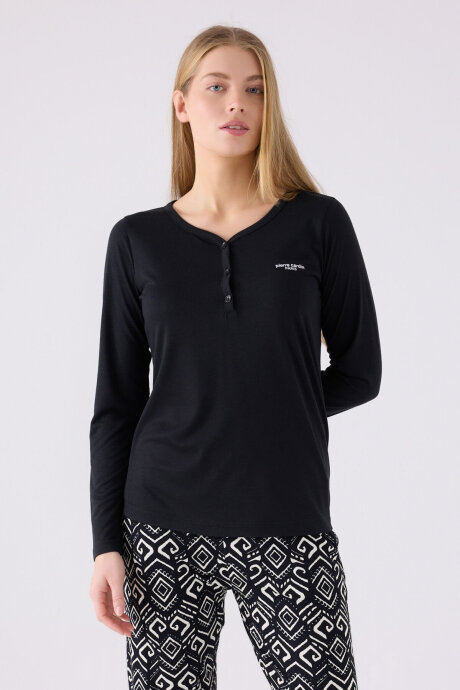 Pierre Cardin Kadın Hakim Yaka Pigment Baskılı Kışlık Regular Fit Siyah Pijama Takımı PC8871-S-V1 - 2