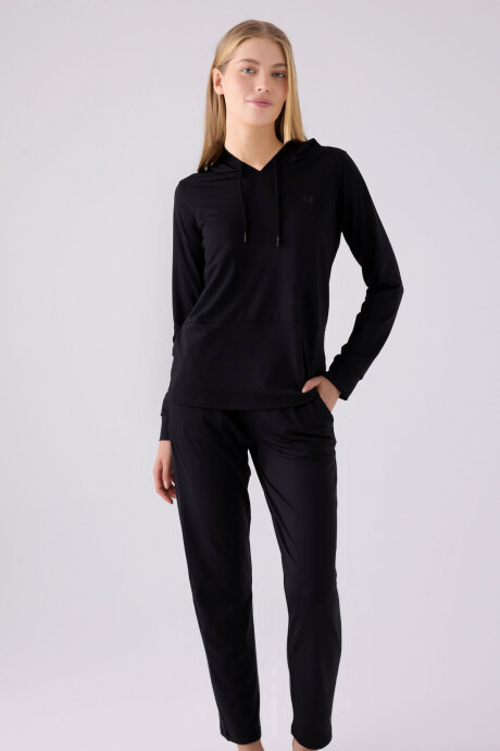 Pierre Cardin Kadın Pamuklu Kapüşonlu Pigment Baskılı Kışlık Regular Fit Siyah Pijama Takımı PC8923-S-V2