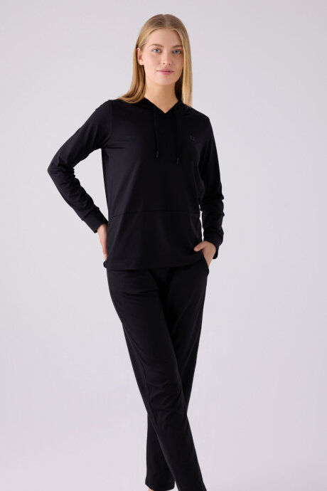 Pierre Cardin Kadın Pamuklu Kapüşonlu Pigment Baskılı Kışlık Regular Fit Siyah Pijama Takımı PC8923-S-V2 - 4