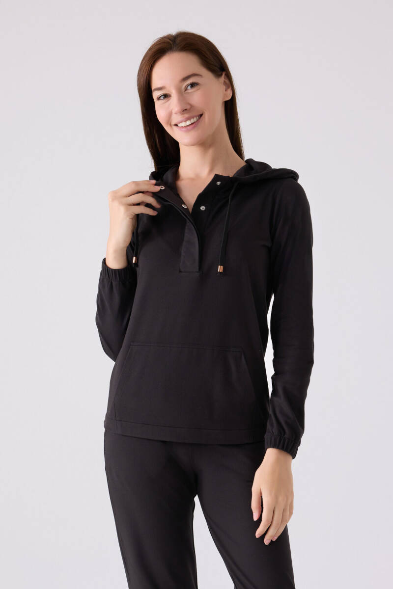 Pierre Cardin Kadın Pamuklu Kapüşonlu Pigment Baskılı Kışlık Regular Fit Siyah Pijama Takımı PC8924-S-V1 - 2