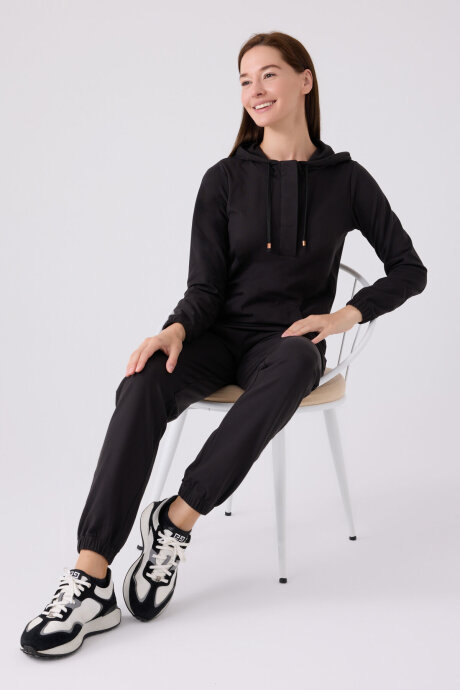Pierre Cardin Kadın Pamuklu Kapüşonlu Pigment Baskılı Kışlık Regular Fit Siyah Pijama Takımı PC8924-S-V1 - 3