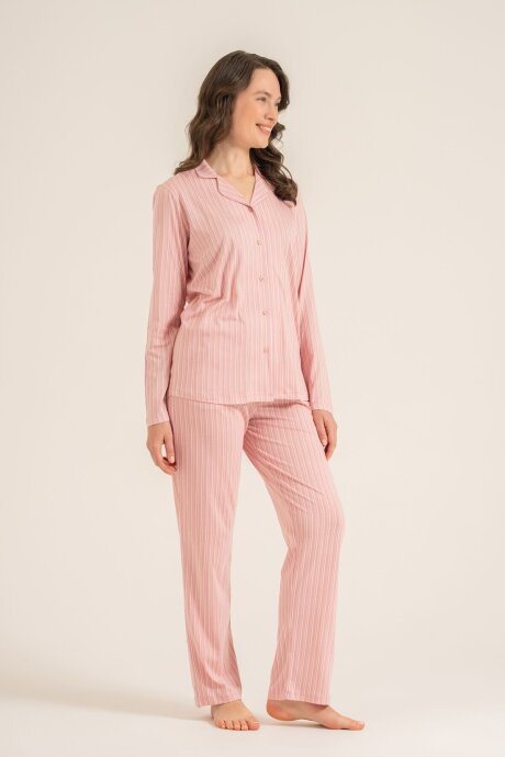 Pierre Cardin Kadın Pamuklu Stripes Pembe Gömlek Pijama Takımı PC9296-S-V1 - 3