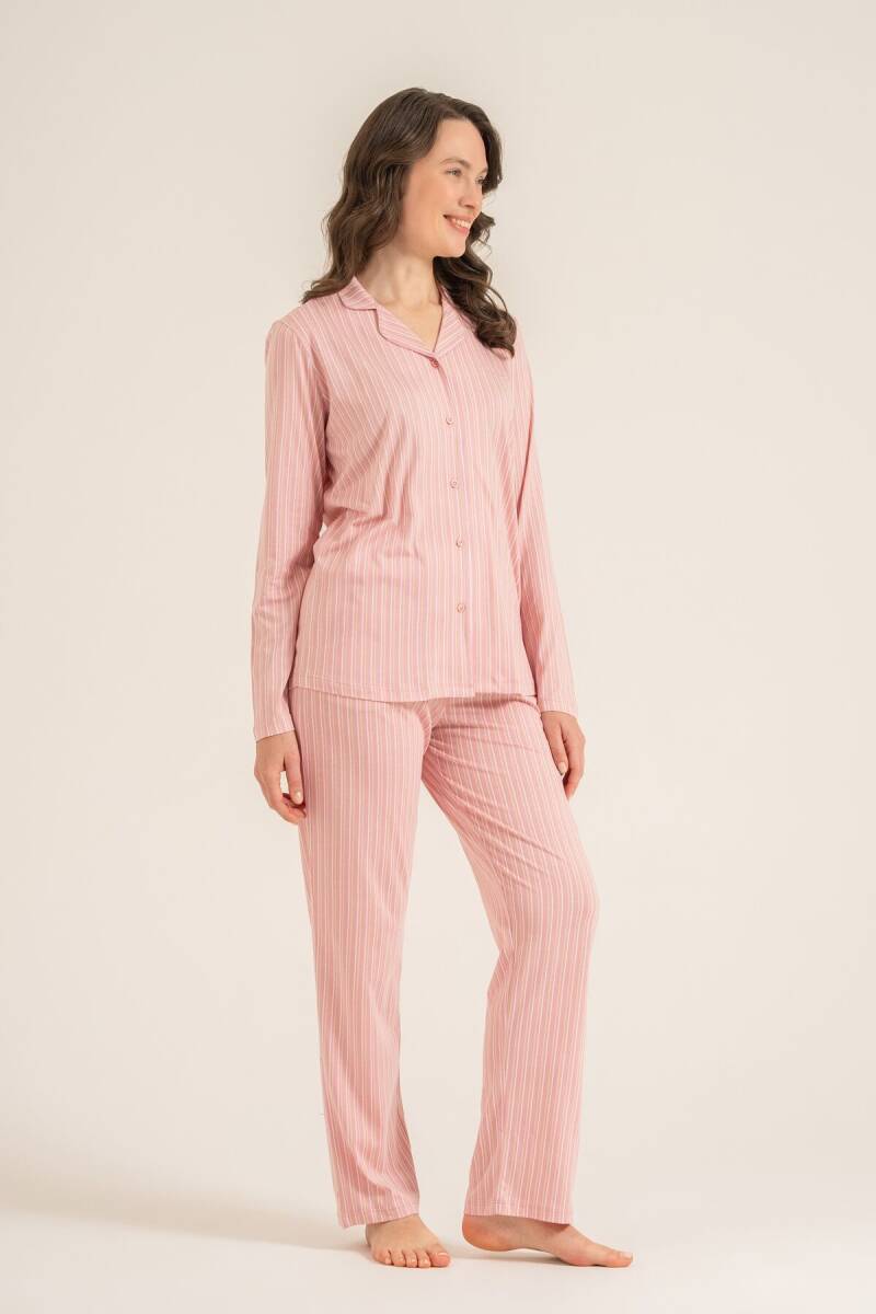 Pierre Cardin Kadın Pamuklu Stripes Pembe Gömlek Pijama Takımı PC9296-S-V1 - 3
