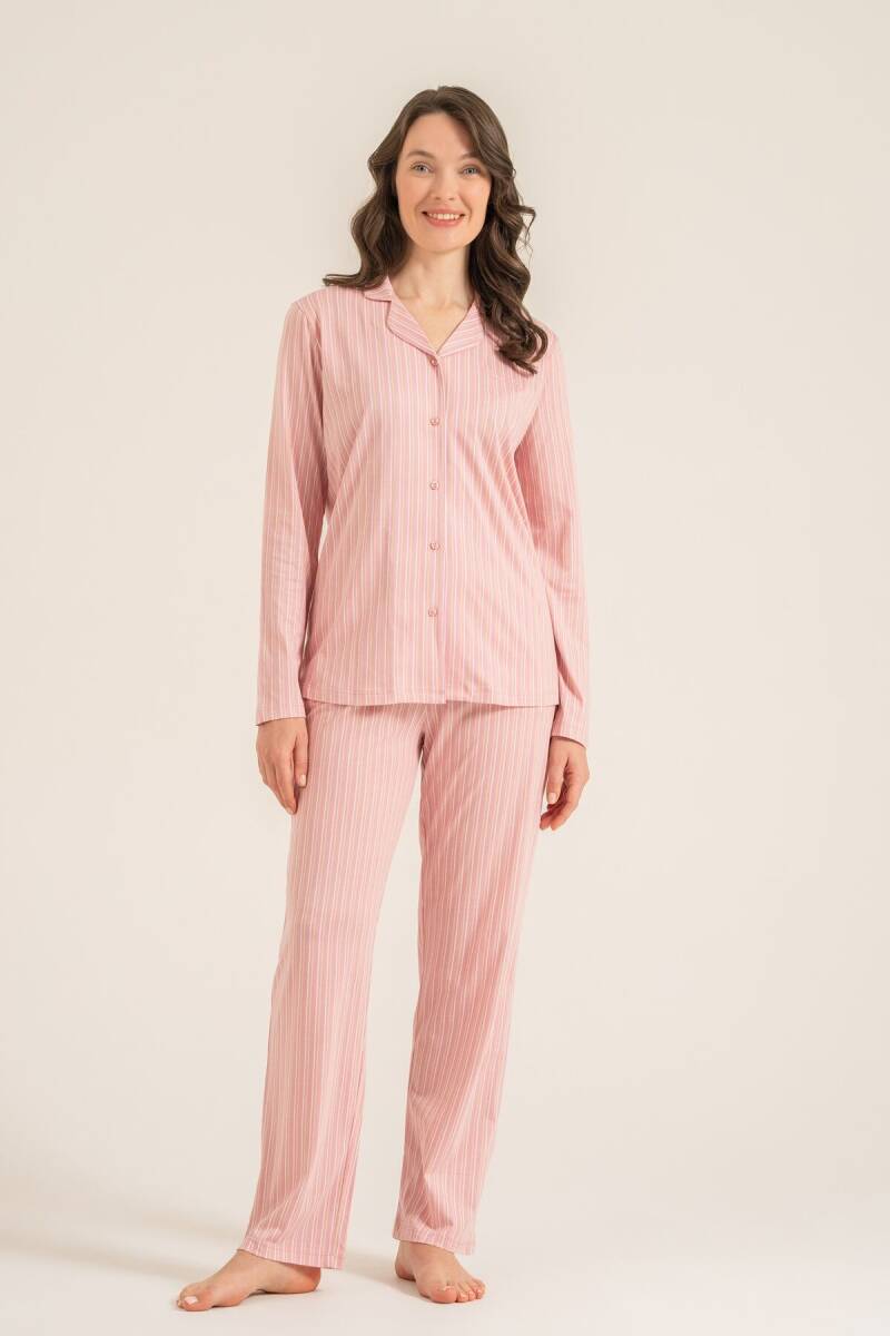 Pierre Cardin Kadın Pamuklu Stripes Pembe Gömlek Pijama Takımı PC9296-S-V1 - 1