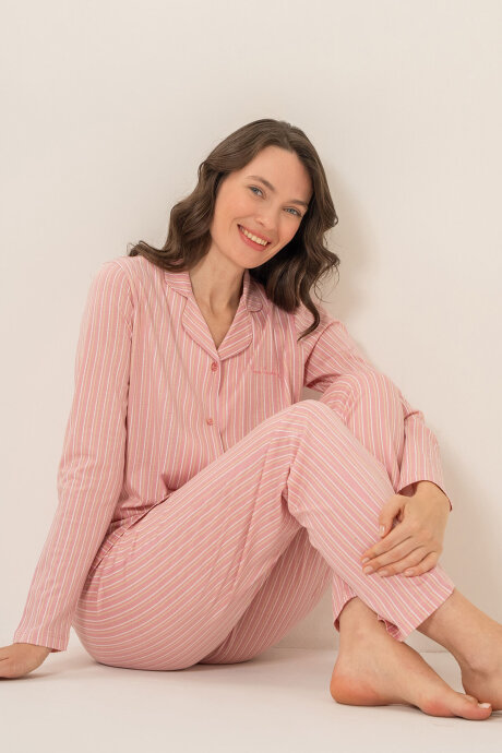 Pierre Cardin Kadın Pamuklu Stripes Pembe Gömlek Pijama Takımı PC9296-S-V1 - 8