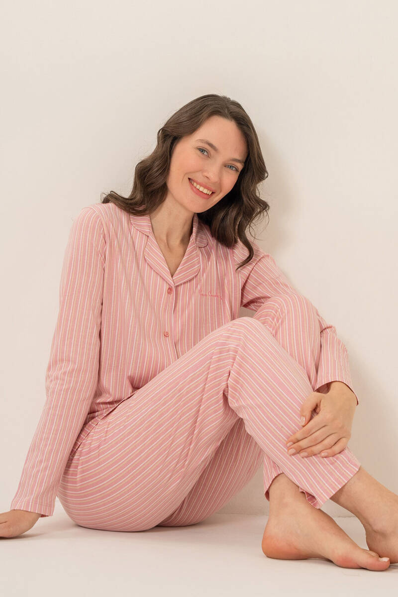 Pierre Cardin Kadın Pamuklu Stripes Pembe Gömlek Pijama Takımı PC9296-S-V1 - 8