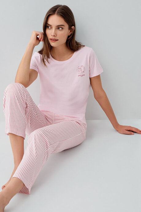 Pierre Cardin Kadın Bisiklet Yaka Nakışlı Yazlık Regular Fit Pembe Pijama Takımı PC9201-S-V1