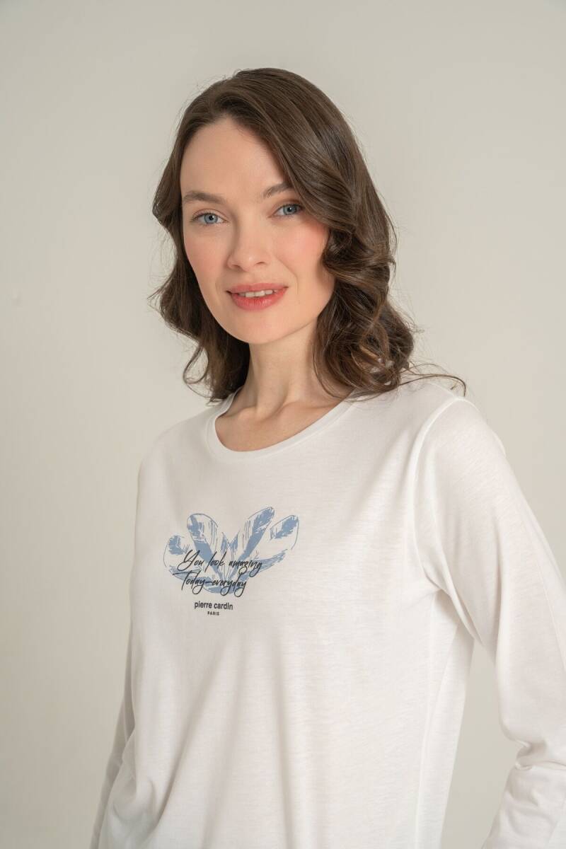 Pierre Cardin Kadın Pamuklu You Look Amazing Today Krem Uzun Kol Pijama Takım PC9257-S-V2 - 5