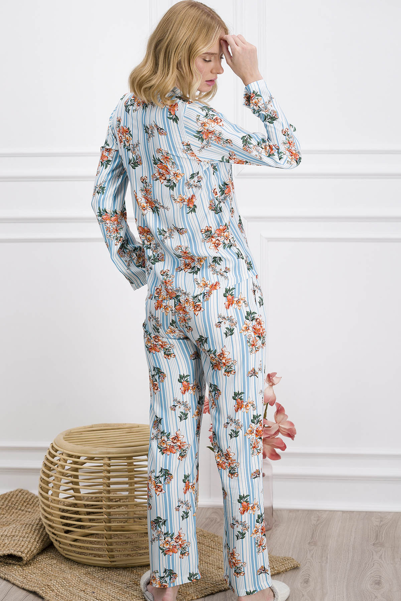Pierre Cardin - Pierre Cardin Flowers Krem-Mavi Kadın Pijama Takımı (1)