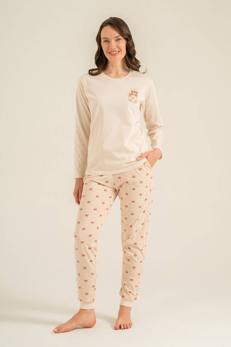Rolypoly Anne Kız %100 Pamuk Lovely Bear Krem Uzun Kol Pijama Takım RP3916-A-V1 - 6
