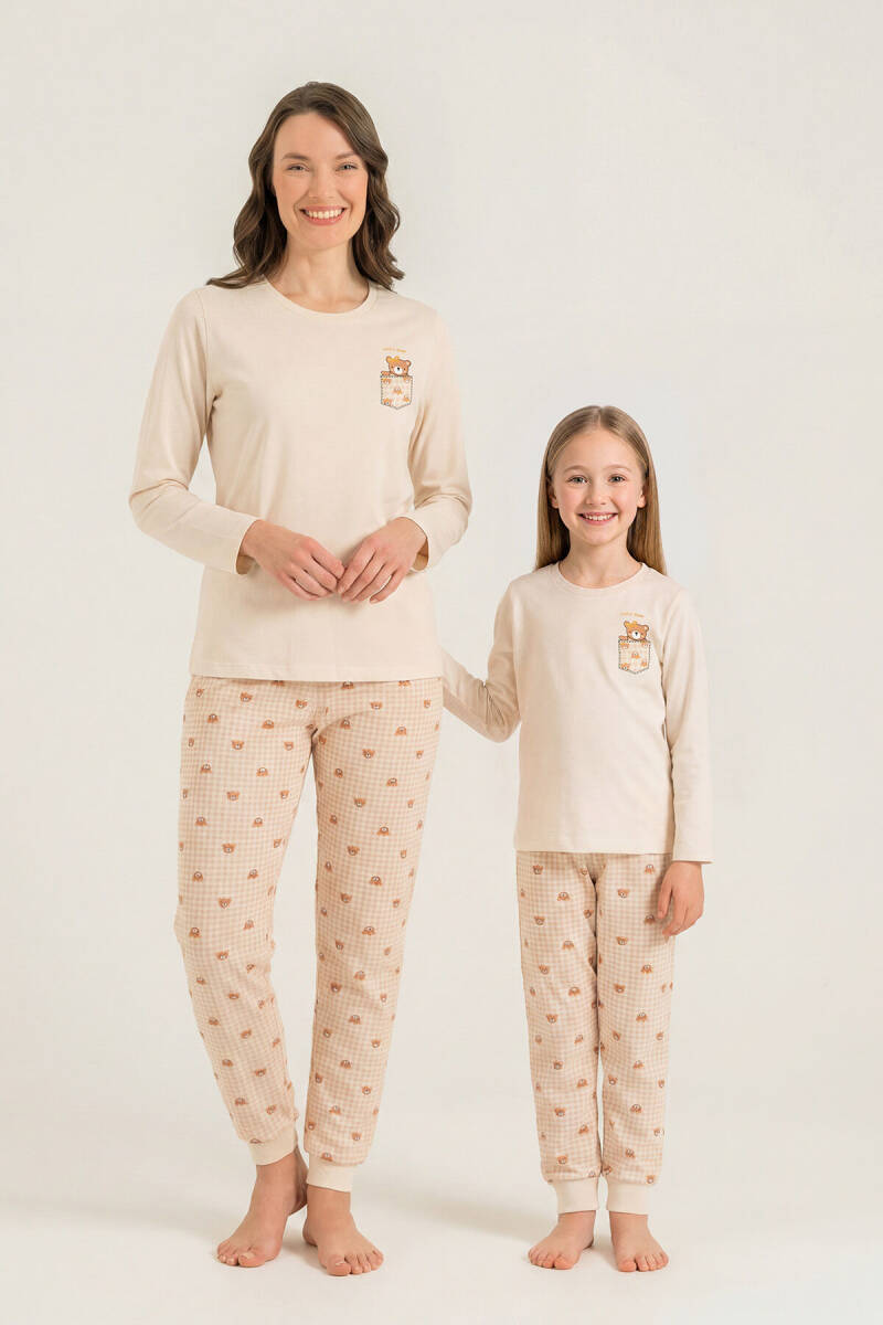 Rolypoly Anne Kız %100 Pamuk Lovely Bear Krem Uzun Kol Pijama Takım RP3916-A-V1 - 1