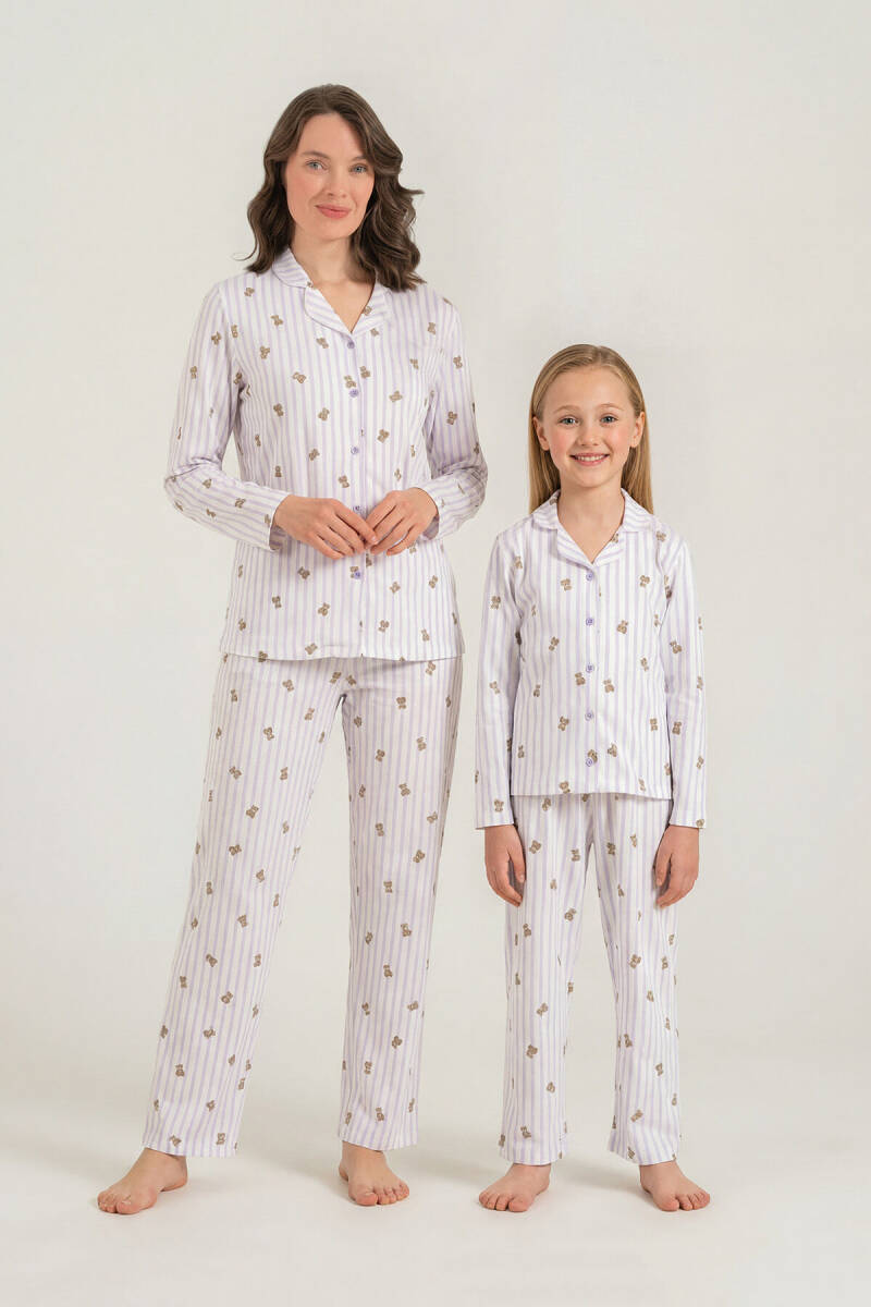 Rolypoly Anne Kız %100 Pamuk Teddy Bears Mor Gömlek Pijama Takımı RP3913-A-V2 - 1