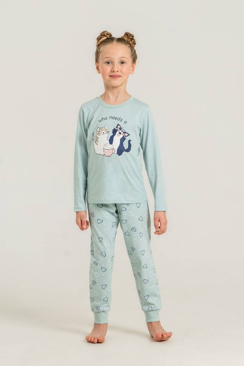 Rolypoly Anne Kız %100 Pamuk Who Needs A Hug Yeşil Uzun Kol Pijama Takım RP3902-A-V2 - 2