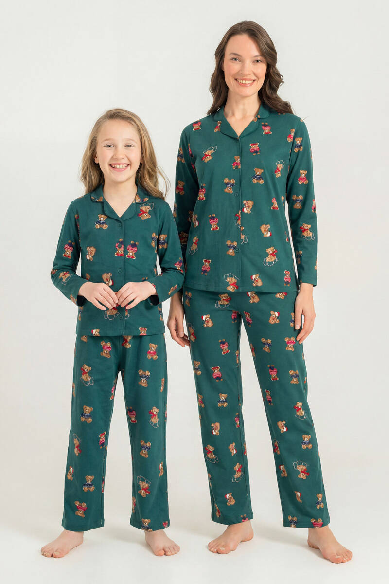 Rolypoly Anne Kız %100 Pamuk Winter Bear Yeşil Gömlek Pijama Takımı RP3919-A-V1 - 1
