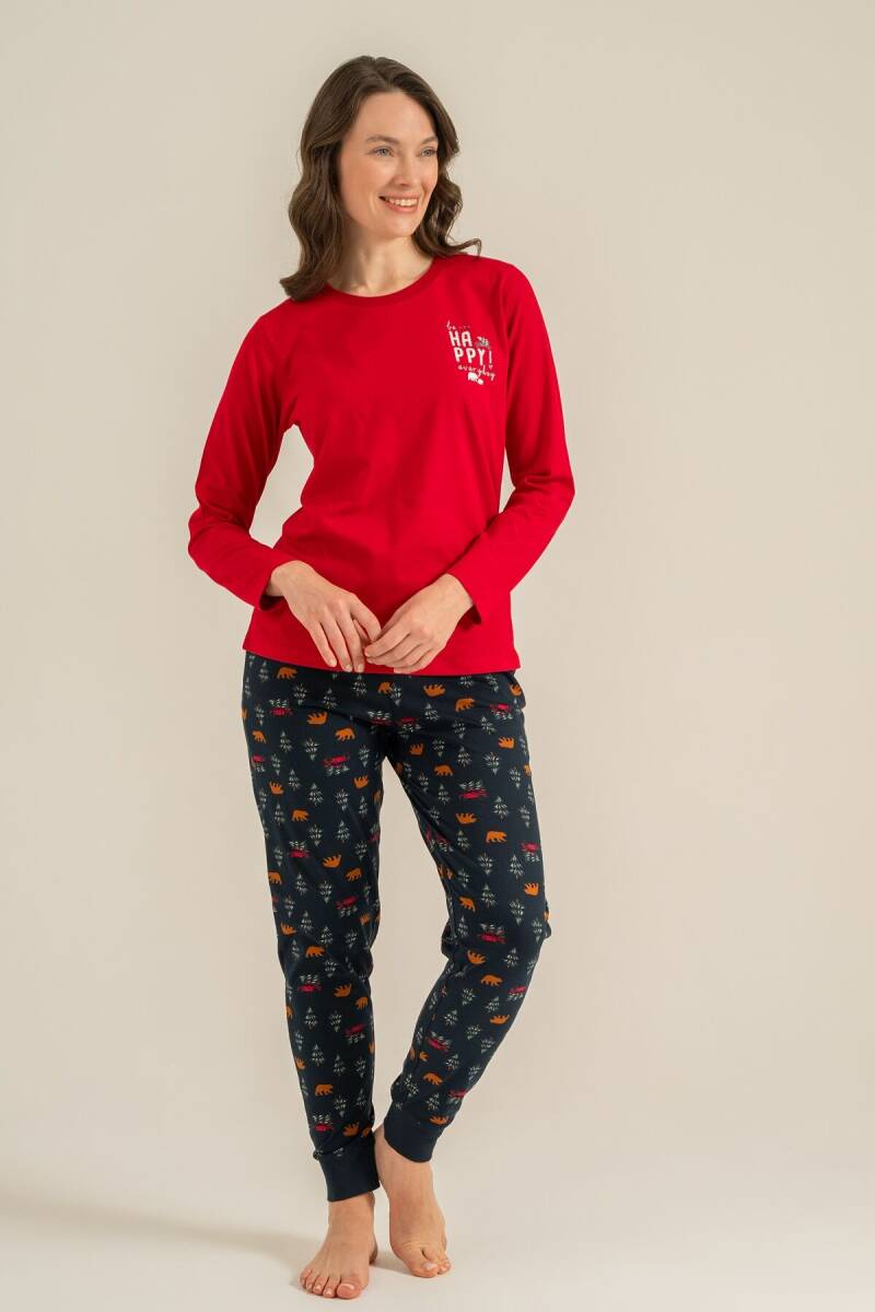 Rolypoly Be Happy Everyday Anne Kız %100 Pamuk Kırmızı Uzun Kol Pijama Takım RP3932-A-V1 - 5
