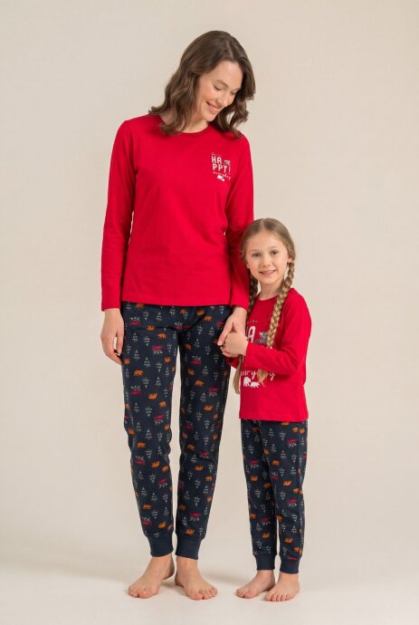 Rolypoly Be Happy Everyday Anne Kız %100 Pamuk Kırmızı Uzun Kol Pijama Takım RP3932-A-V1