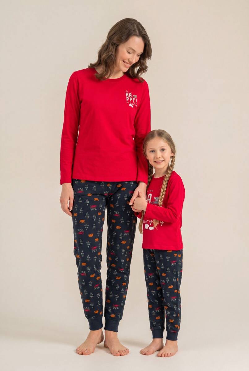 Rolypoly Be Happy Everyday Anne Kız %100 Pamuk Kırmızı Uzun Kol Pijama Takım RP3932-A-V1 - 1
