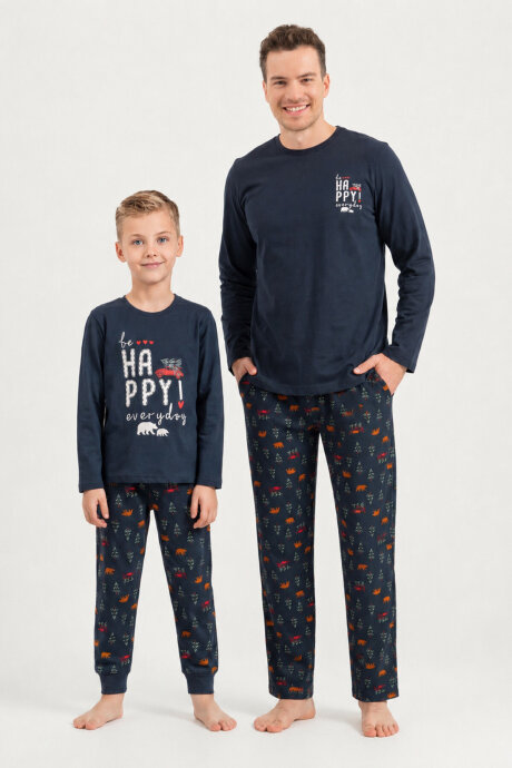 Rolypoly Be Happy Everyday Baba Oğul %100 Pamuk Lacivert Uzun Kol Pijama Takım RP3933-A-V1