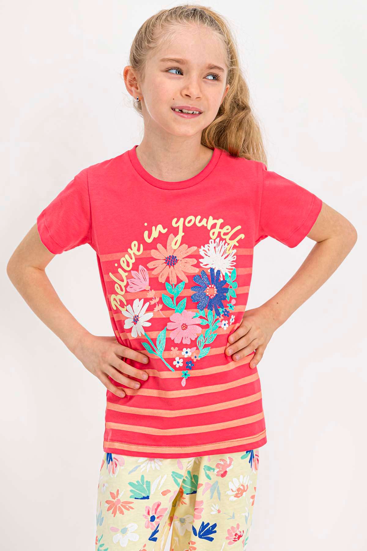 RolyPoly - Rolypoly Believe Yourself Nar Çiçeği Kısa Kollu Kız Çocuk Pijama Takımı