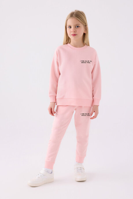 Rolypoly Kız Çocuk Pamuklu Bisiklet Yaka Empirme Baskılı Kışlık Regular Fit Pembe Eşofman Takımı RP3502-C-V2