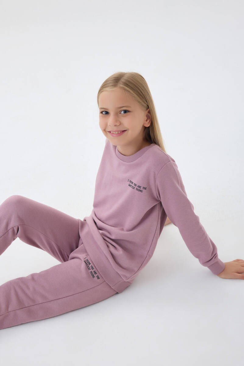 Rolypoly Kız Çocuk Pamuklu Bisiklet Yaka Empirme Baskılı Kışlık Regular Fit Mor Eşofman Takımı RP3502-C-V4 - 2