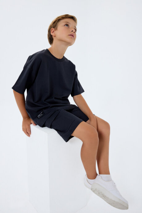 Rolypoly Erkek Çocuk %100 Pamuk Bisiklet Yaka Baskısız Yazlık Oversize Fit Gri Bermuda Takım RP3765-C-V1 