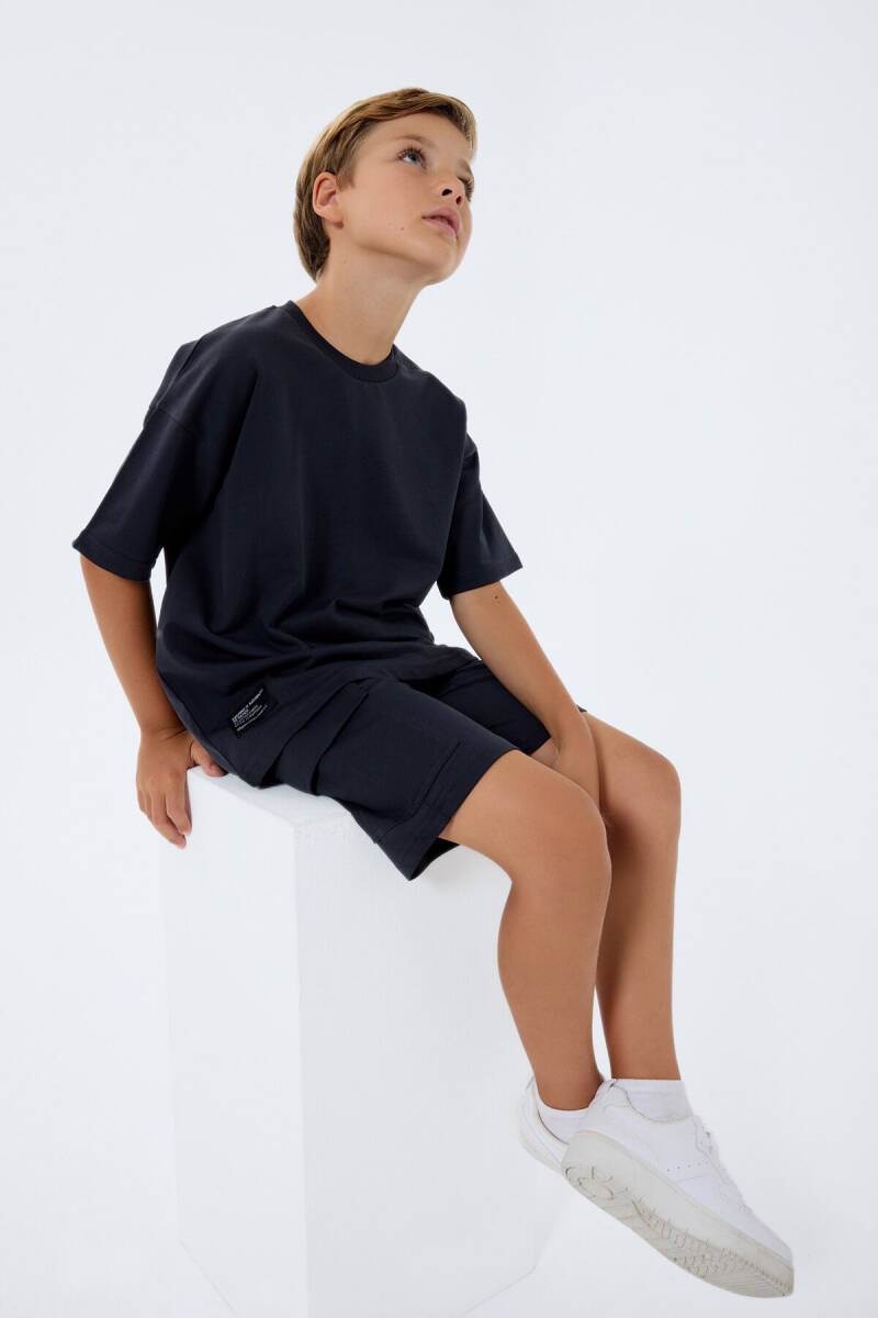 Rolypoly Erkek Çocuk %100 Pamuk Bisiklet Yaka Baskısız Yazlık Oversize Fit Gri Bermuda Takım RP3765-C-V1 - 1