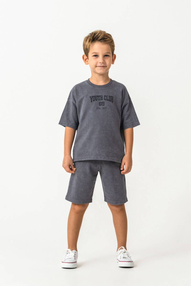 Rolypoly Erkek Çocuk Bisiklet Yaka Baskılı Yazlık Oversize Fit Gri Bermuda Takım RP3728-C-V1 - 3