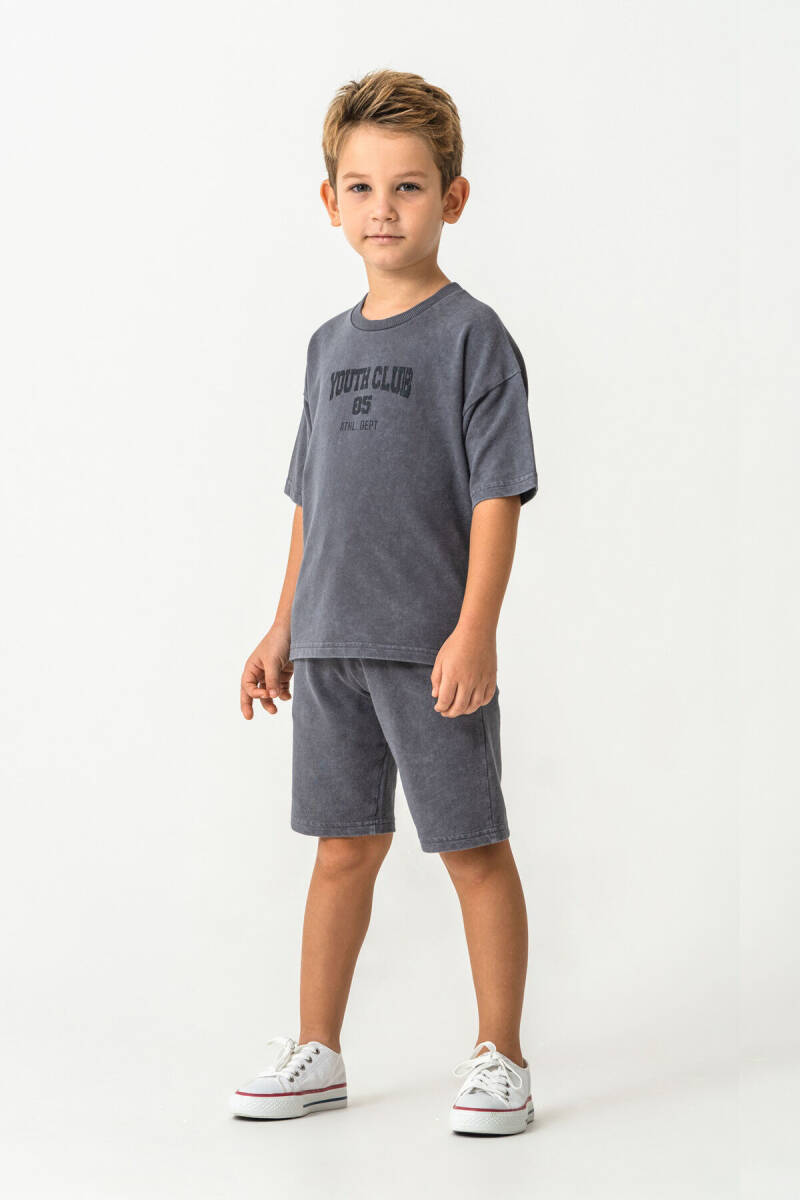 Rolypoly Erkek Çocuk Bisiklet Yaka Baskılı Yazlık Oversize Fit Gri Bermuda Takım RP3728-C-V1 - 4