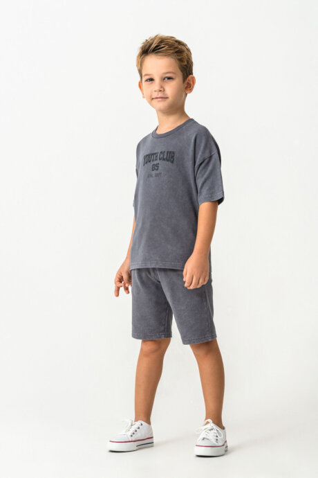 Rolypoly Erkek Çocuk Bisiklet Yaka Baskılı Yazlık Oversize Fit Gri Bermuda Takım RP3728-C-V1 - 6