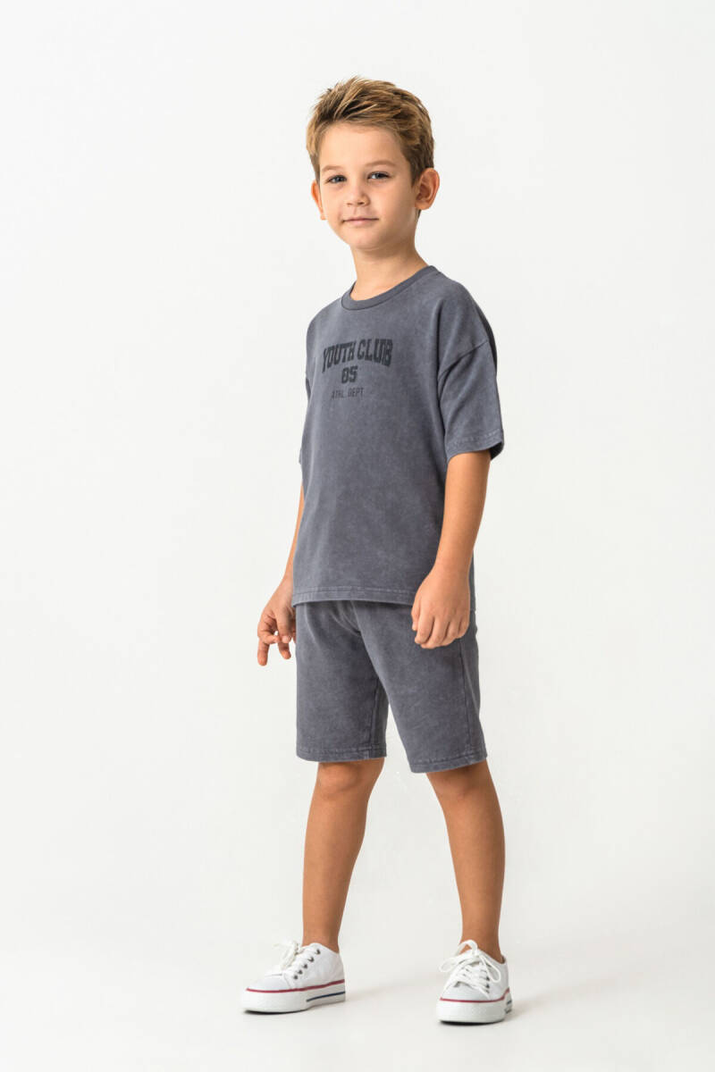 Rolypoly Erkek Çocuk Bisiklet Yaka Baskılı Yazlık Oversize Fit Gri Bermuda Takım RP3728-C-V1 - 6