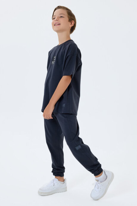 Rolypoly Erkek Çocuk %100 Pamuk Bisiklet Yaka Baskılı Yazlık Oversize Fit Gri Eşofman Takımı RP3768-C-V2 - 1
